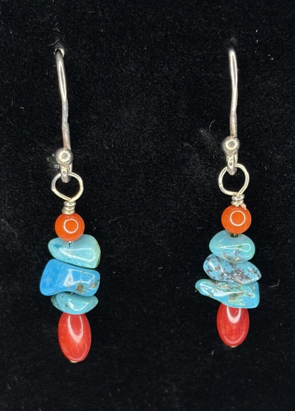 Sterling Silver Turquoise & Red Coral Stacked Bead Dangle Earrings Wire